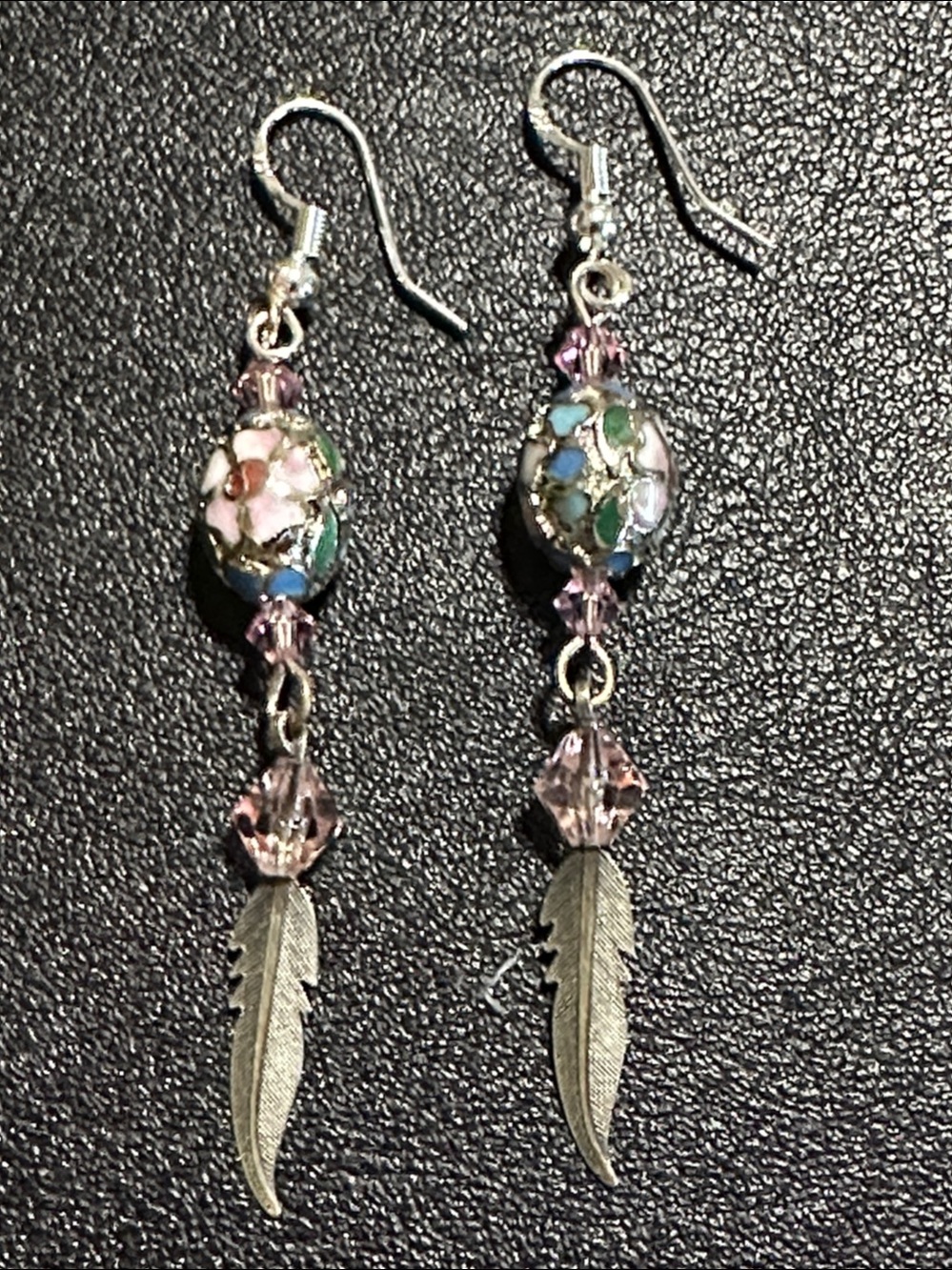 Cloisonnée & Pink Faceted Crystal Feather Dangle 925 Silver Wire Drop Earrings